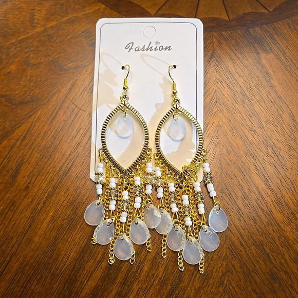 Bohemia White Beaded Waterdrop Dangle Earrings Handmade Beaded Tassel Hollow - Picture 2 of 6